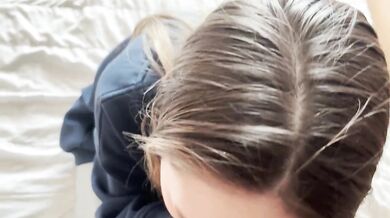 The petite student deepthroats her homework with a big cock
