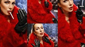In red and black – Fur coat and leather gloves – Winston White 100