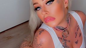 Cum slut begging for your cum on a leash taking the dildo!