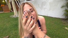 my sissy slut licked and massaged my feet in the pool