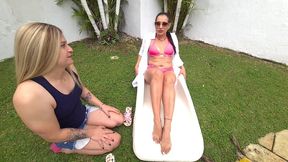 my sissy slut licked and massaged my feet in the pool