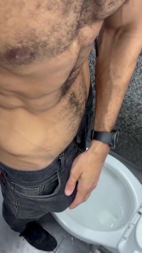 Hairy daddy's thick 9-inch cock exploding in the bathroom freeballing in jeans   Clip 1