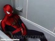 spiderman pisses all over his suit with hard cock, jerks off, cums in raised webbing spidey costume