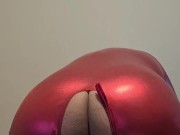 RED CATSUIT SISSY SITS ON THICK COCK