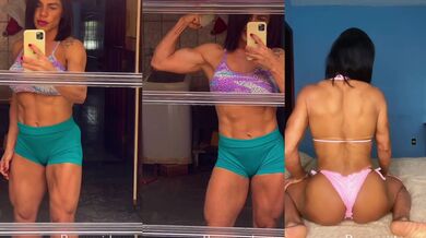 Naked female bodybuilder topless flexing
