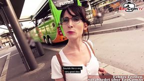 German Skinny student petite pickup at public bus station