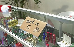 Shemales fuck shopper in storage room