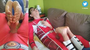 The red ranger gets a footjob, the blue ranger gets a sockjob in white Nike socks