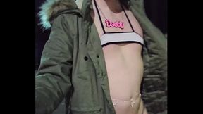 Femboy risky walk around sleazy motel in micro bikini