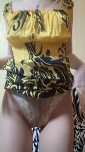 I unseal the pad, put it in my panties and put on tights and a dress. Rustling