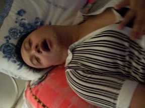 Dirty sissy crossdress slut man whore squirming crazy masturbation orgasm while wearing girlfriend&#039;s bra shirt and sweater