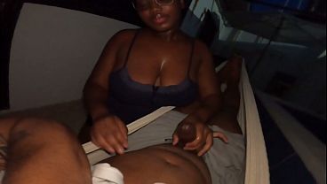 Sloppy black GF takes big dick outdoors in a hammock