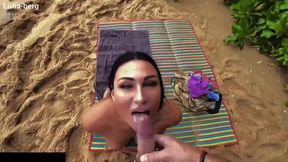 Curvy nudist MILF gives a blowjob and fucked doggy style on beach