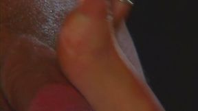 Juicy blonde with big knockers caress dude's cock with her feet before getting ponded in her chocolate eye