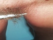 Pubic haircut with big Kitchen scissors - so scary to damage my pussy