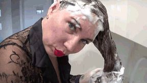 Hair washing in kitchen sink c
