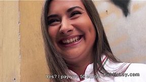 Man deepthroats Russian slut in open space