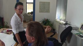 Secretary fuck with tattooed brunette and her fucker