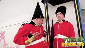 Hot girls give handjobs to lucky soldiers in a comedic guard room scene