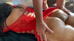 Quickie cumshot with my hot booty Latina step-mom with oiled ass