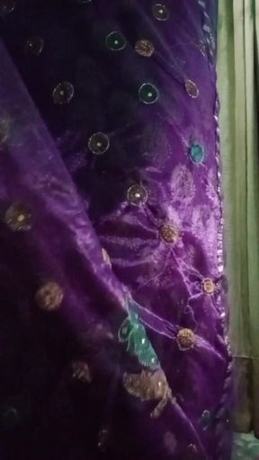 Indian Gay Crossdresser Bottom Gaurisissy showing her big boobs in purple saree   Clip 2