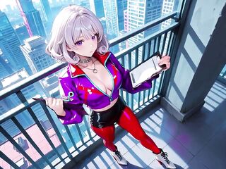 Teasing in a purple bodysuit on the skyscraper balcony, pulling down her collar to disclose interior layers.