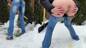 Yellow winter desperation on white snow