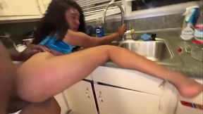 hot Ebony anal addicted teen fuck stepdad in the kitchen creamy teen asshole risky