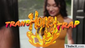 Two big tits TS hired by MILF to fuck her holes