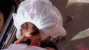 Slutty Bride Gives Sloppy Blowjob Outdoors And Gets Squirted In The Car