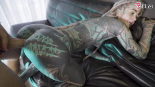 Petite tattooed teen Anuskatzz deepthroats huge cock after getting her tight ass fucked doggy style