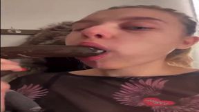 Wet and horny teen gives a deepthroat blowjob in the changing room