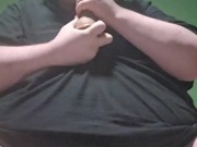 Fat male in chastity sucking a dildo and drooling like a waterfall