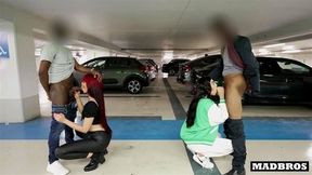 Two big ass Latina roommates fucked by two black guys in a public parking lot!!!