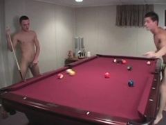 Three exciting gay friends engaging in hot anal sex on the pool table