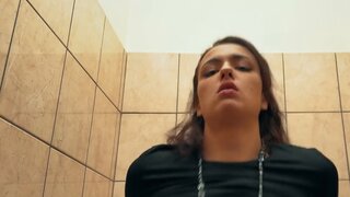 Point of view screwing in a public bathroom for a hot babe