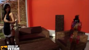 Horny maid sucks a big strapon and plays with her cunt while having a toy in ass