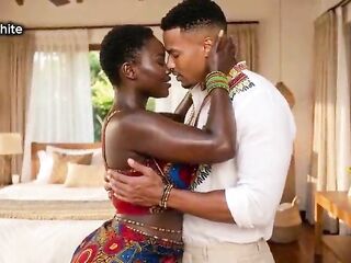 ebony black afro ( AI Generated ) village domina, a nigerian, Ghanaian origin drilled raw out of fucking-rubber by an impressive kenyan tourist with his large erected knob, cum discharged on her curvy body
