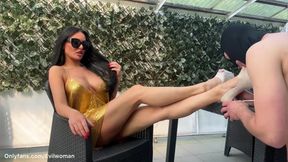 Feet and heels worship with kicks in balls and spit on his face