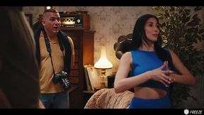 French Brunette with Fake Enhanced Huge Boobs Gets Her Nipples Sucked while Frozen in Time