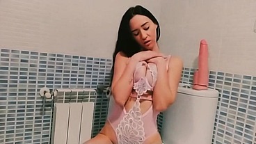 Sexy nympho busty slut teen loves to fuck her pink pussy with huge toy for get orgasms