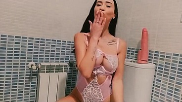 Sexy nympho busty slut teen loves to fuck her pink pussy with huge toy for get orgasms