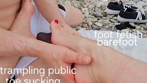 Public Foot Fetish by the river, toe sucking, licking, trampling, barefoot foot worship, cock trampling and teasing... with Mistress GospodaricaEmma and Her sub Wolfy01