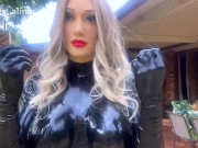 Real Rubber Doll Playing With Shiny Latex Gloves