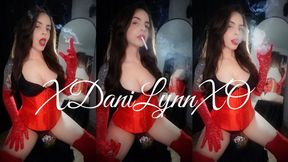 Smoking in Red Corset and Lace Gloves