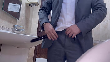 Professional boy jerks off in the office bathroom with hot cumshot