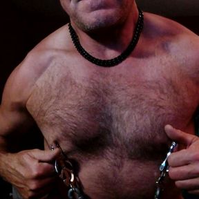 Gay Nipple Daddy Pig clamps nips flexes and wanks