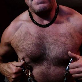 Gay Nipple Daddy Pig clamps nips flexes and wanks