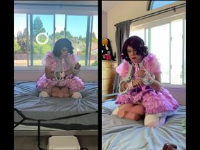 Pink Satin Sissy Maid Rides Her Sex Doll Toy While Locked