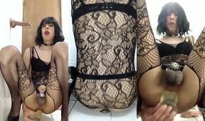 Sissy Latina gets DP dildo deepthroat then squirts all over